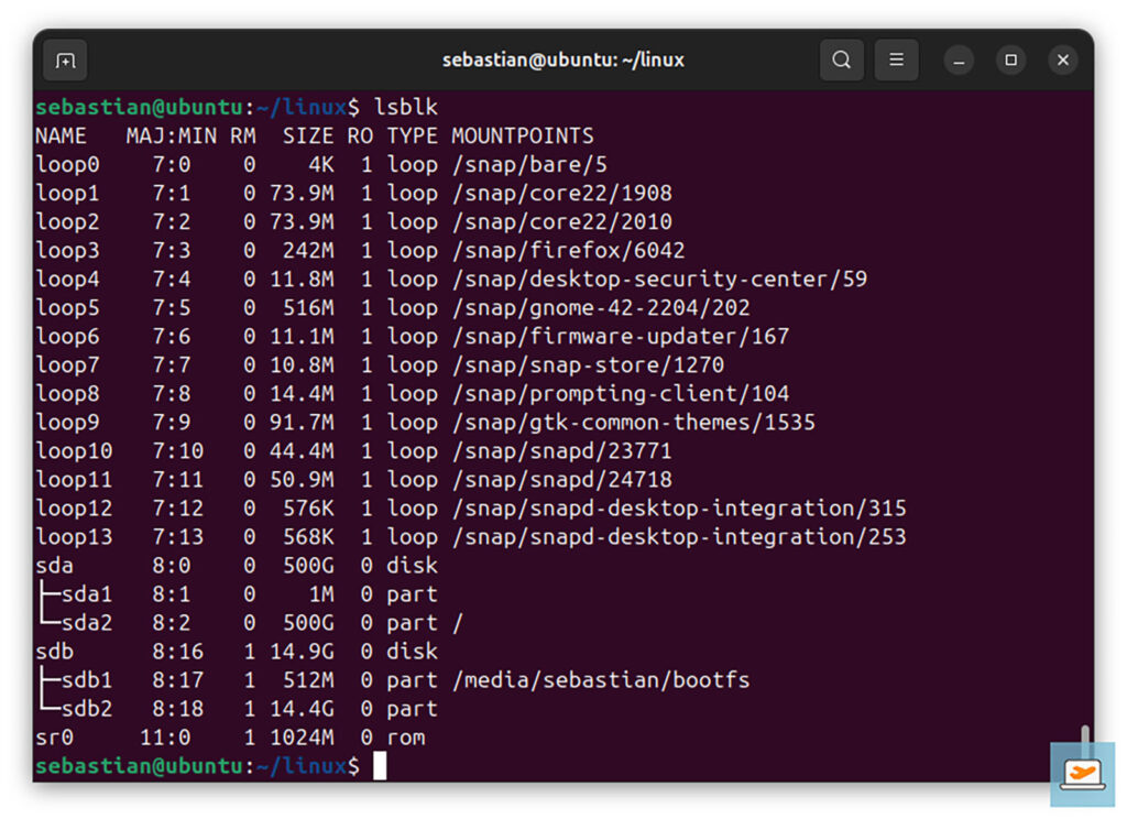 The file system after mounting the SD card (sdb)