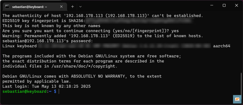 Established SSH connection to the Raspberry Pi